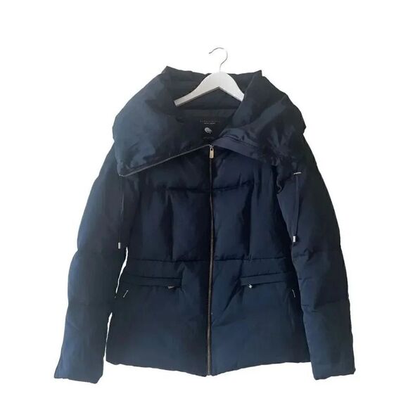 Zara Woman Black Coat Collared Long Sleeve Full Zip Parka Down Winter Jacket L - Picture 1 of 13